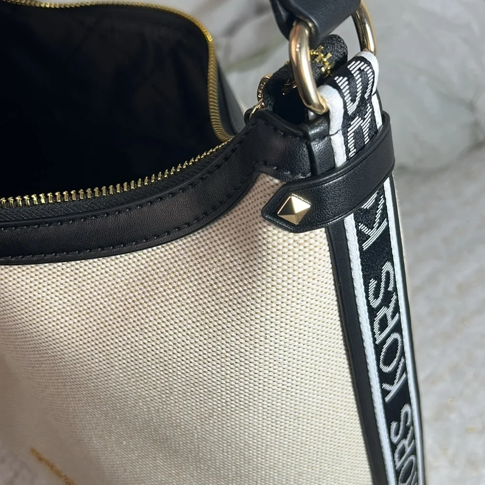 NEW $358 Michael Kors Maeve Large Hobo Bag‎ Cream Beige Black Canavas Leather